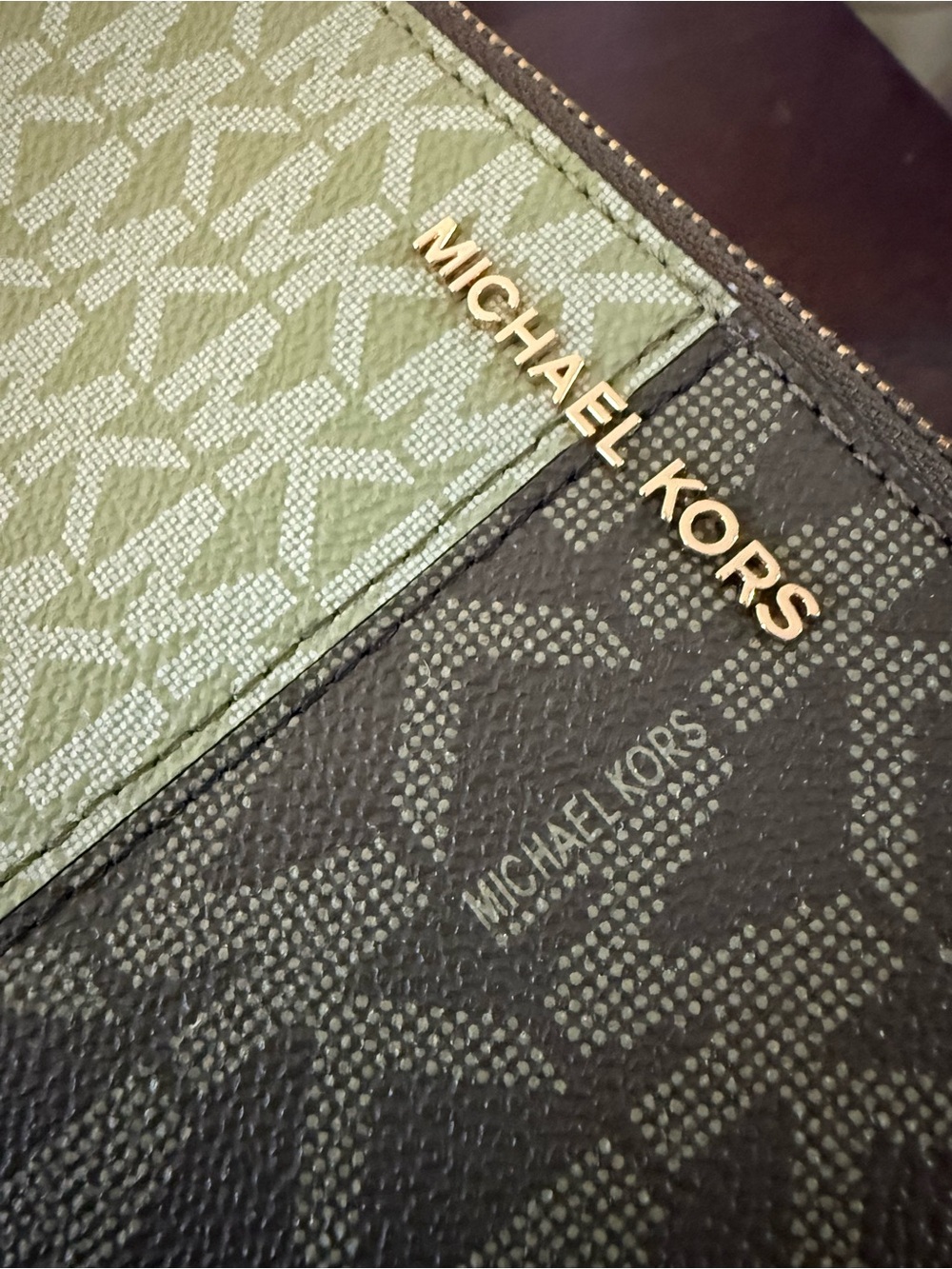 Michael Kors Two-Tone MK Logo Zip Wristlet - Olive & Dark Olive - Picture 9 of 11